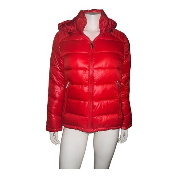 GUESS Womens High-Shine Hooded Puffer Coat Hooded Hot Orange Medium NWOT - Picture 2 of 9
